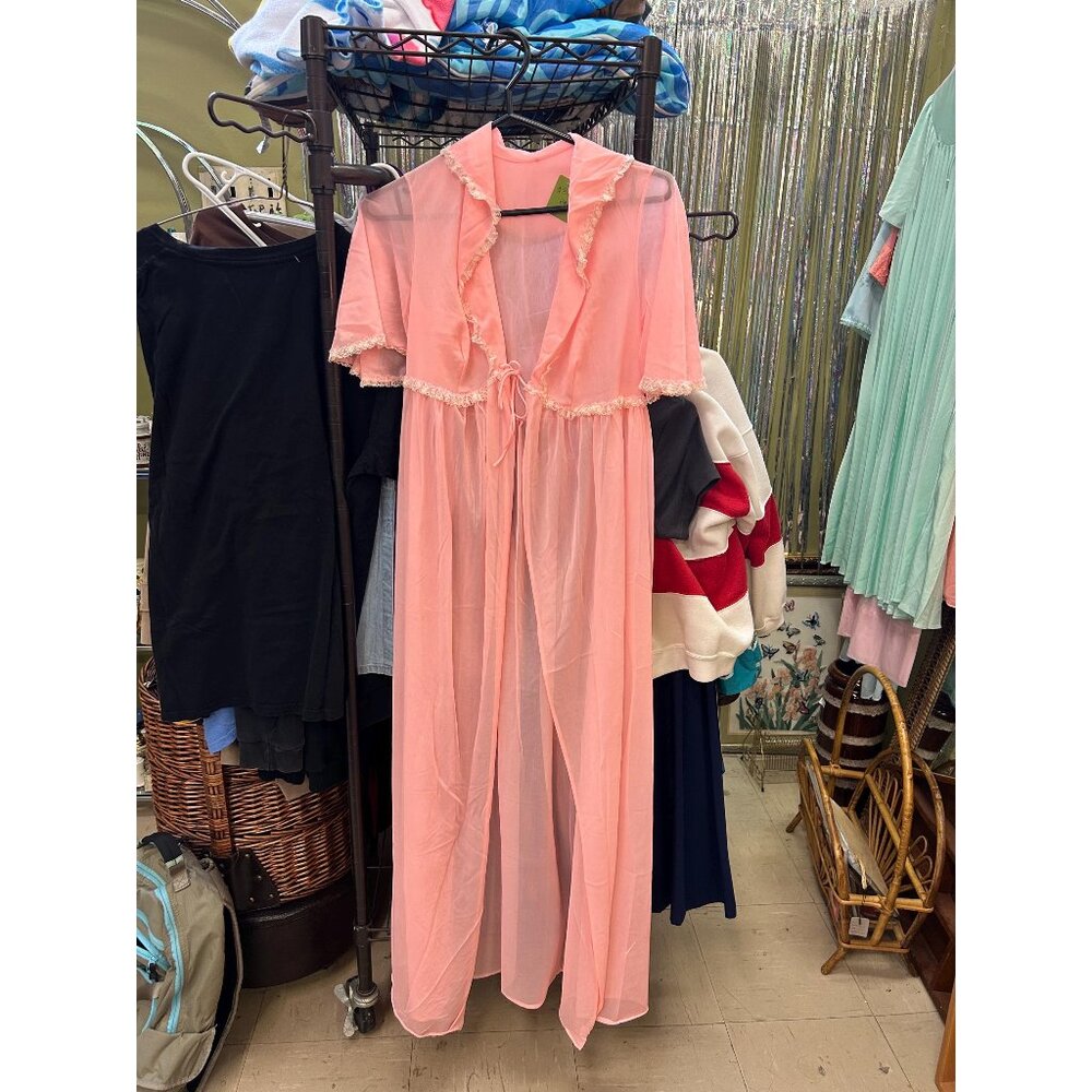 Vintage Lingerie pink overcoat housecoat Nightie nylon lace long mesh
